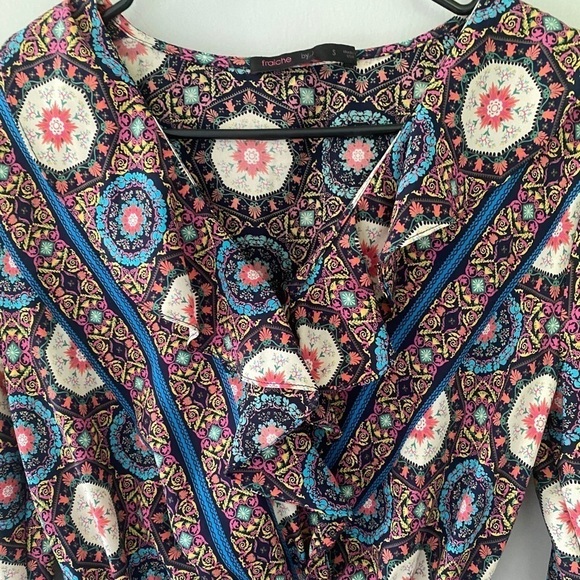 Fraiche by J Colorful Long Sleeve Pattern Ruffle Fit & Flare Dress Women’s Small - Picture 5 of 11